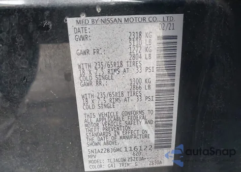 2021 Nissan Murano Sv Fwd from USA, damaged, VIN 5N1AZ2BJ6MC116122